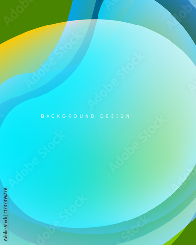 Abstract background features flowing curves, vibrant colors. Turquoise dominates, blending with yellow, green hues. Modern design element.