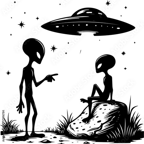UFO and Aliens Meeting Illustration