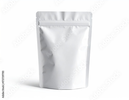 A standing, white, zip-lock style pouch on a clean white background
