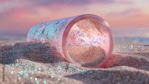 A translucent pink tumbler, partially buried in pastel-pink sand, glitters with iridescent particles against a sunset backdrop