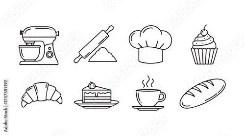 Baking icons collection kitchen appliances pastry tools and delicious treats for culinary designs vector