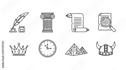 Collection of historical icons representing knowledge culture and civilization through ages vector