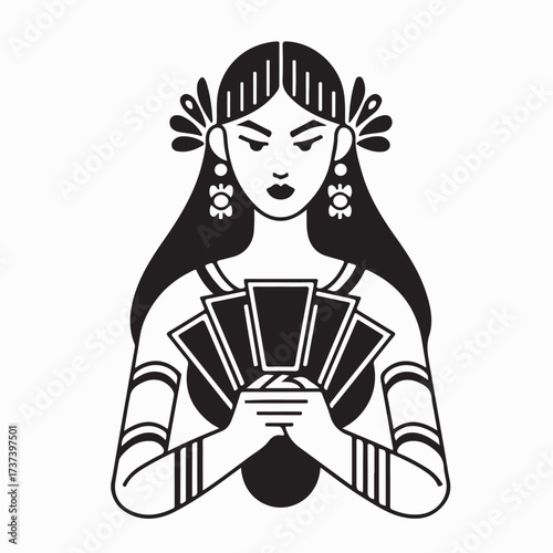 Esoteric Woman Predicting Future with Tarot Cards Vector Illustration on white background