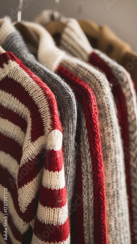 A row of sweaters hanging on a rack, shopping sale.