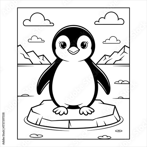 Cute Penguin Coloring Page Vector for Kids Printable, Cartoon Penguin Line Art Illustration Animal Drawing, Baby Penguin Coloring Sheet Winter Animal Vector.