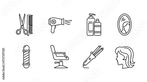 Collection of hand-drawn icons representing hair salon and styling tools for beauty services vector