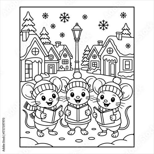 Christmas Mice Caroling Coloring Page Vector Illustration, Cute Winter Animals Singing Holiday Song Line Art for Kids, Cartoon Mouse Choir Christmas Coloring Book Page Vector.