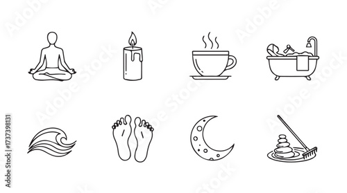 Relaxation and wellness icons hand drawn sketch style for spa and meditation with yoga candle tea bathtub vector