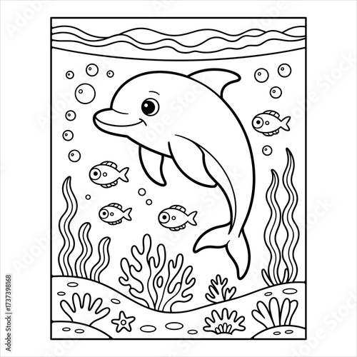 Photography Cute Dolphin Coloring Page for Kids, Ocean Animal Line Art Vector, Underwater Dolphin Coloring Sheet, Sea Life Vector Illustration, Cartoon Dolphin and Fish Coloring Page, Marine Animal Outline
