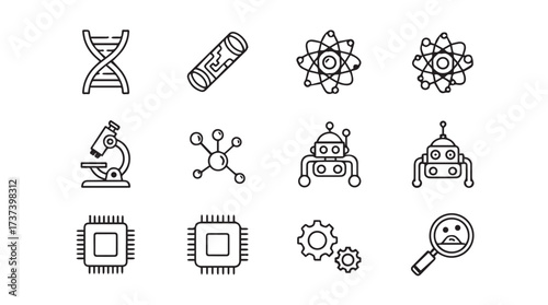 Collection of hand-drawn icons representing science technology innovation research and data analysis vector