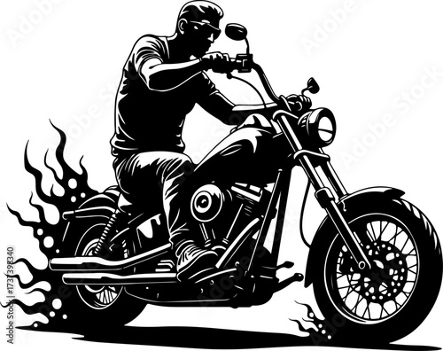 Biker with Beard on Flaming Motorcycle Graphics Black