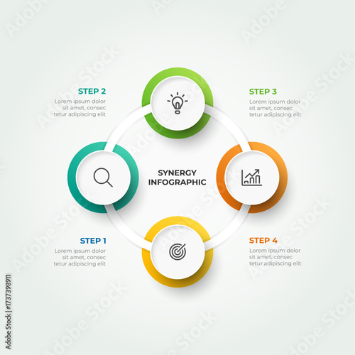 4 Steps Connection Synergy Infographic. Modern vector template for business presentations, marketing plans, cyclic processes, and workflow diagrams.