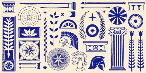 Collection of ancient greek and roman inspired decorative elements and symbols in blue ink on a cream background