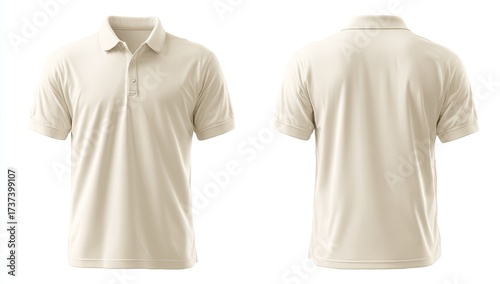 A beige short-sleeved polo shirt shown from front and back, isolated on white background.  Simple, classic design, suitable for customization