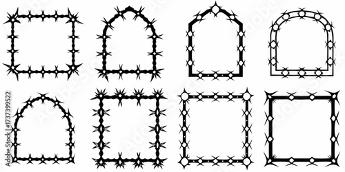 Collection of eight black decorative frames and borders with sharp pointed elements and geometric shapes