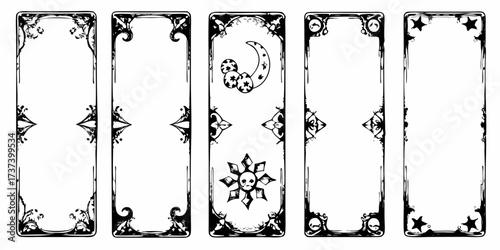 Collection of five ornate art nouveau style vertical frames with celestial and floral motifs