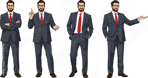 Cartoon businessman in four confident poses wearing suit and red tie, character gestures, leadership, presentation, professionalism, office concept