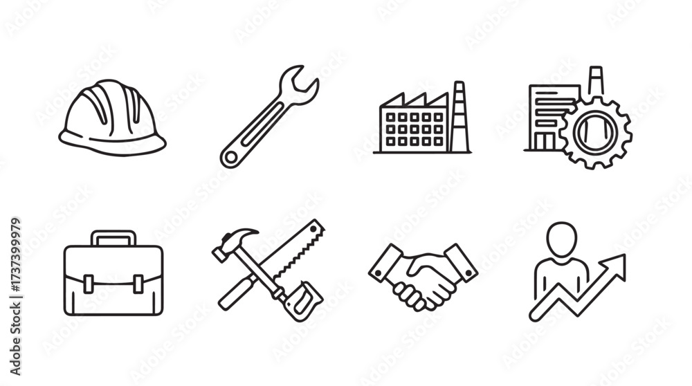 Fototapeta premium Set of industrial business icons including hard hat tools briefcase factory and handshake for manufacturing and progress vector