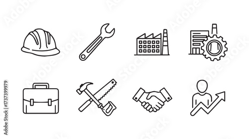 Set of industrial business icons including hard hat tools briefcase factory and handshake for manufacturing and progress vector