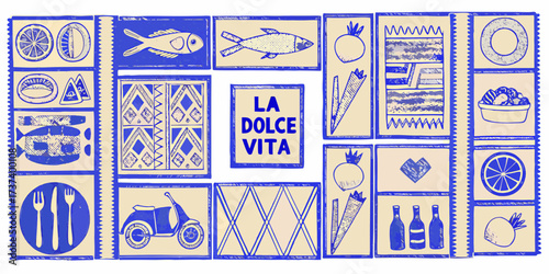 La dolce vita italian lifestyle collage featuring food scooter and cultural motifs in blue and cream