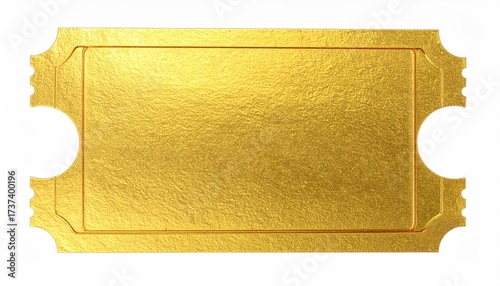A rectangular, gold-colored paper ticket with intricate edges and a textured surface