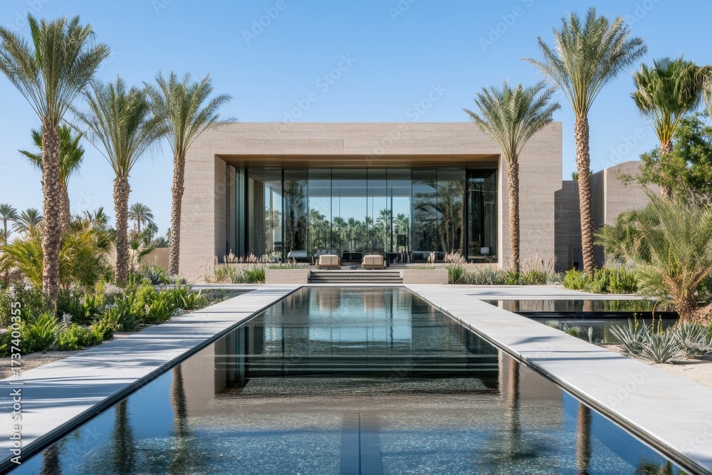 Fototapeta premium Modern luxury villa with calm reflecting pool 