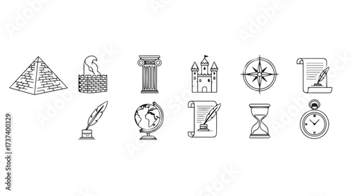 Collection of hand-drawn historical and educational icons representing knowledge and exploration symbols vector