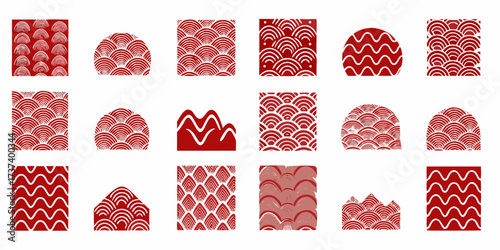 Collection of red and white japanese seigaiha wave patterns and mountain shapes