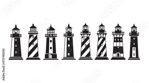 Collection of vintage lighthouse silhouettes nautical coastal beacons maritime travel vector