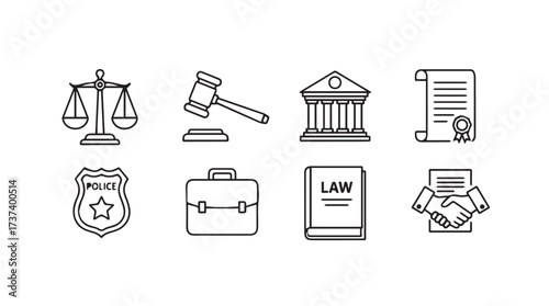 Legal justice icons collection representing law court justice and professional business concepts vector
