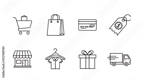 Set of hand drawn shopping icons for e-commerce and retail representing various aspects of online and offline commerce vector