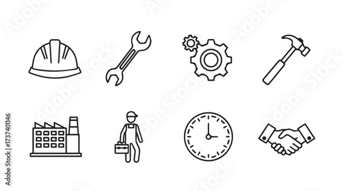 Hand drawn icons representing industry construction labor tools and time management vector