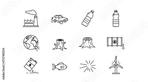 Hand drawn icons representing environmental issues pollution and sustainability concepts for eco design vector
