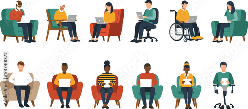 Diverse cartoon people using laptops and tablets in chairs, remote work, online learning, digital lifestyle, inclusion, accessibility, productivity