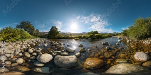 Panoramic hdr scene of a serene freshwater stream nature 360-degree viewpoint