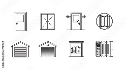 Collection of architectural door and garage door icons representing entryways and access points vector
