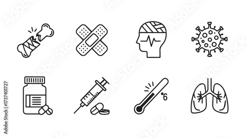 Set of medical icons representing health and sickness concepts with cartoonish sketch style vector
