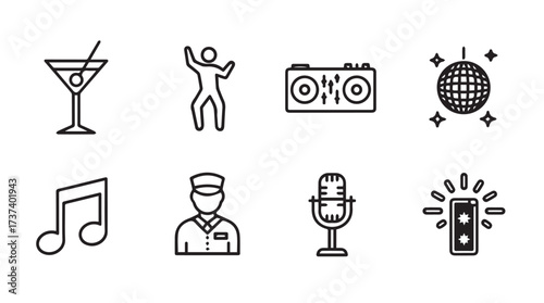 Party icons set cocktail dancing music disco ball microphone dj booth and dancer graphics vector