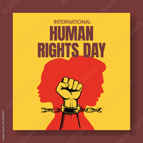 International Human Rights Day square banner template, global protest awareness social media post, modern vector illustration background design AI, Mens face and raised fist hand with chain silhouette