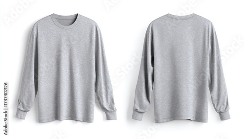 Light grey long-sleeved crew neck t-shirt, shown front and back on white background with subtle shadow