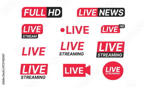 Live news and streaming icons. Symbols and buttons of live news and streaming. Vector illustration