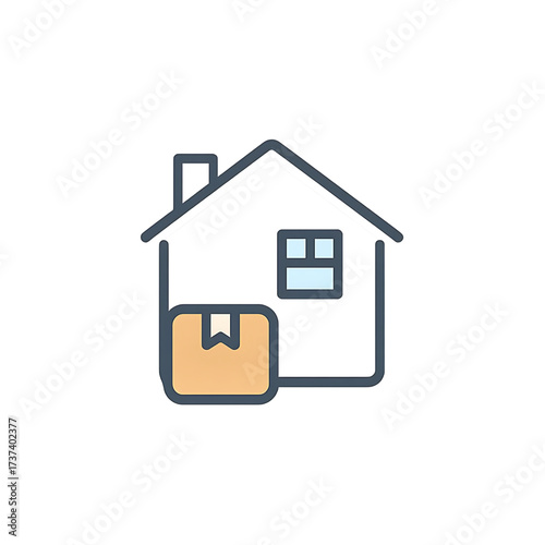 Moving house concept with cardboard box icon next to a stylized house illustration, representing relocation and delivery services