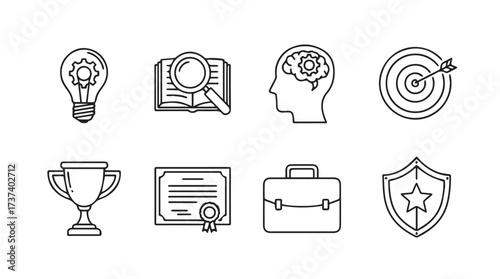 Business success icons set achievement goals ideas learning development achievement award trophy briefcase vector