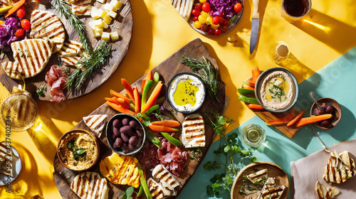 Wallpaper Mural Festive spread: cheese, cured meats, vegetables, hummus, mini pies, and crispy flatbreads with olive oil and fresh herbs on wooden table. Perfect for culinary stock Torontodigital.ca