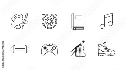 Collection of line art icons representing hobbies and interests symbols vector