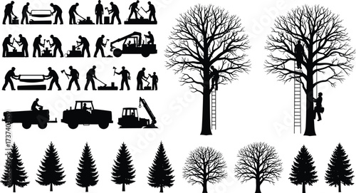 Forestry and tree work silhouette set with workers, machinery, conifer and deciduous trees, logging scenes, arboriculture, and nature illustration.