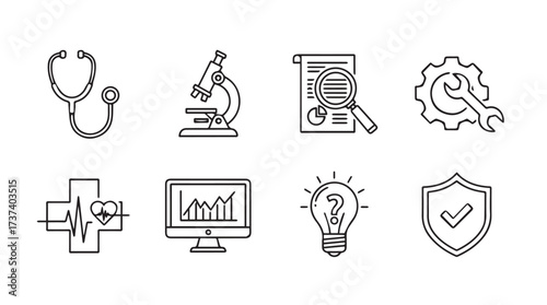 Medical science technology innovation research data and security icon set healthcare and business symbols vector