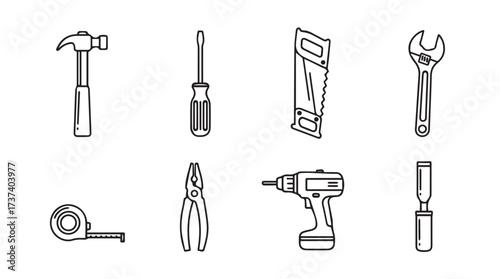 Collection of hand drawn tools and construction implements for diy and renovation projects vector