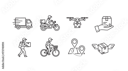 Set of hand-drawn icons representing fast delivery services and logistics solutions vector
