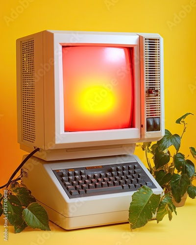 Old computer with red glow, surrounded by green plant